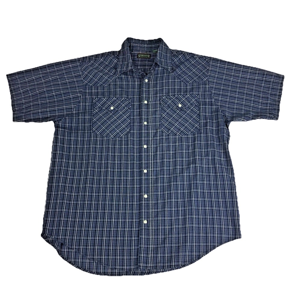 Stone River Adventure Wear Mens XLT Blue Plaid Western Pearl Snap Shirt SS